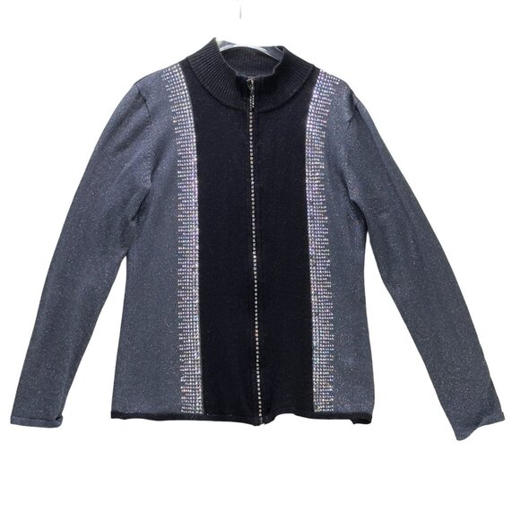 FONTANA Women’s Sweater Gray Black Jeweled Zipper Stretch LS Mock Turtle Size M - Picture 7 of 11